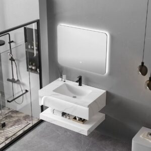 Badkamermeubel wit marmerlook met lichtrand